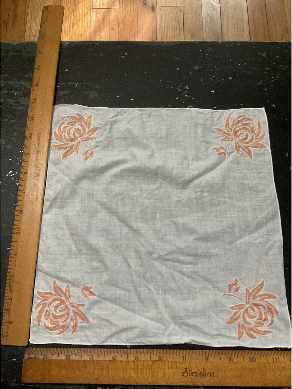 Vintage White Linen Handkerchief with Peach Floral Embroidery